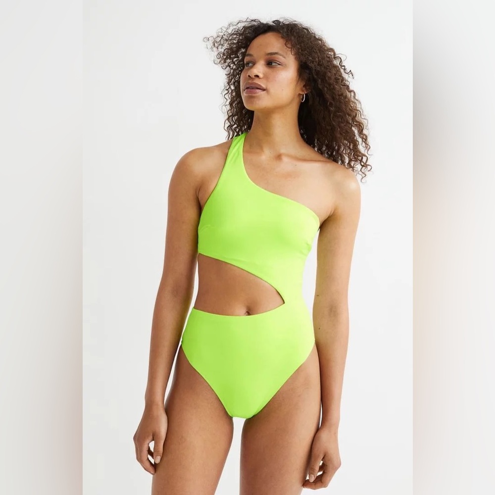 H&M high leg one shoulder swimsuit neon green M